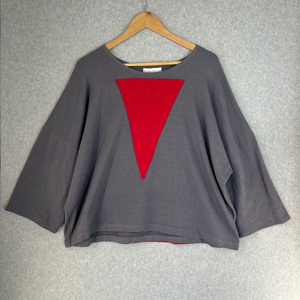 Bryn Walker Grey Red Pullover Top Triangle Bamboo Organic Cotton Boxy‎ Artsy OS